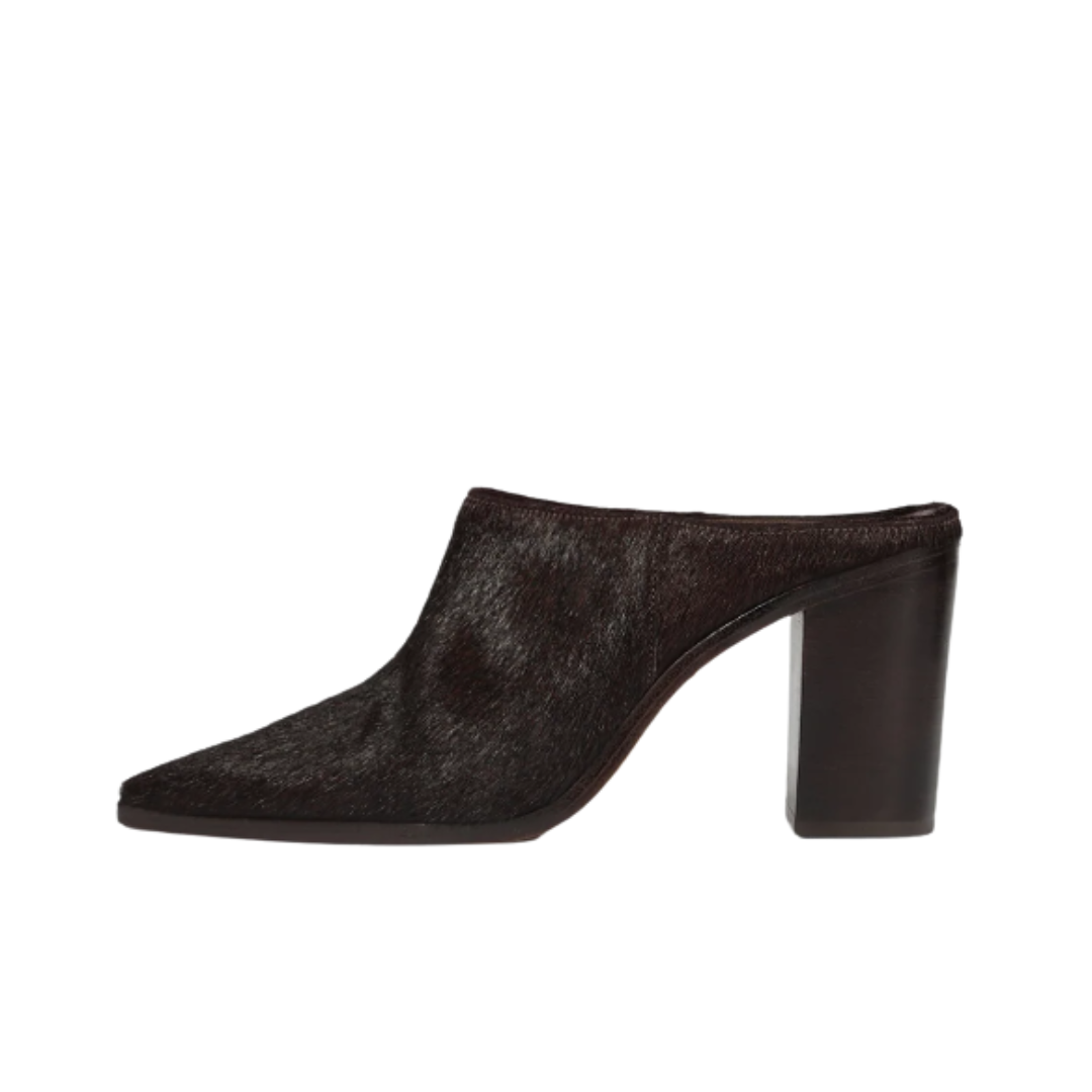 SCHUTZ Mikki Mule Hair Calf Pump - women's leather mule with pointed toe and 3.3-inch block heel, luxury CLOGS & MULES designer shoes