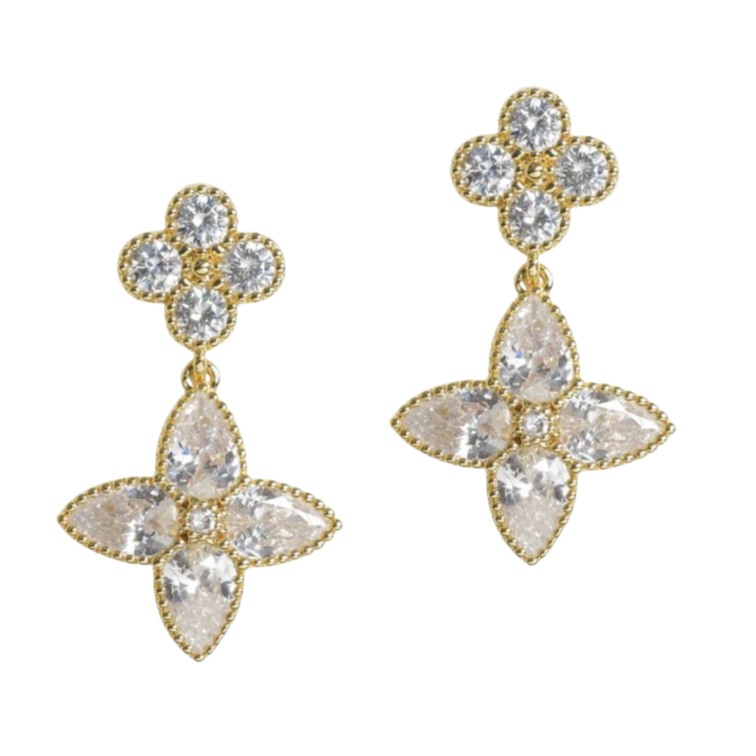 Good Feelings Gold Dipped Flower Clover Cubic Zirconia Dangle Earring
