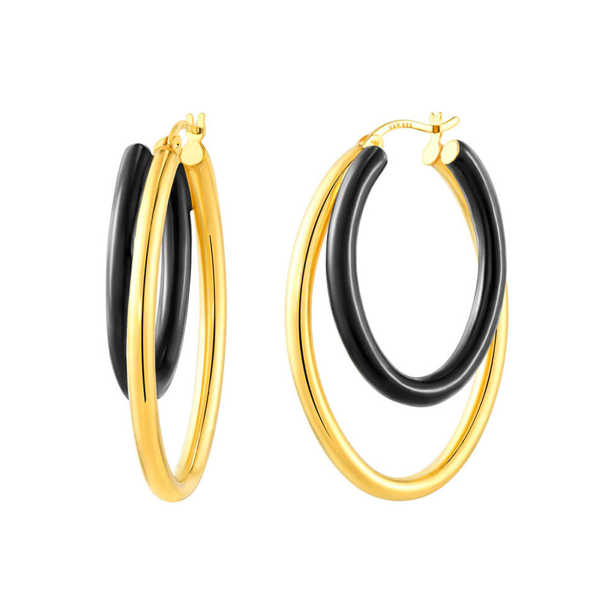 Gold & Honey Double Oval Hoop Earrings with Black Enamel